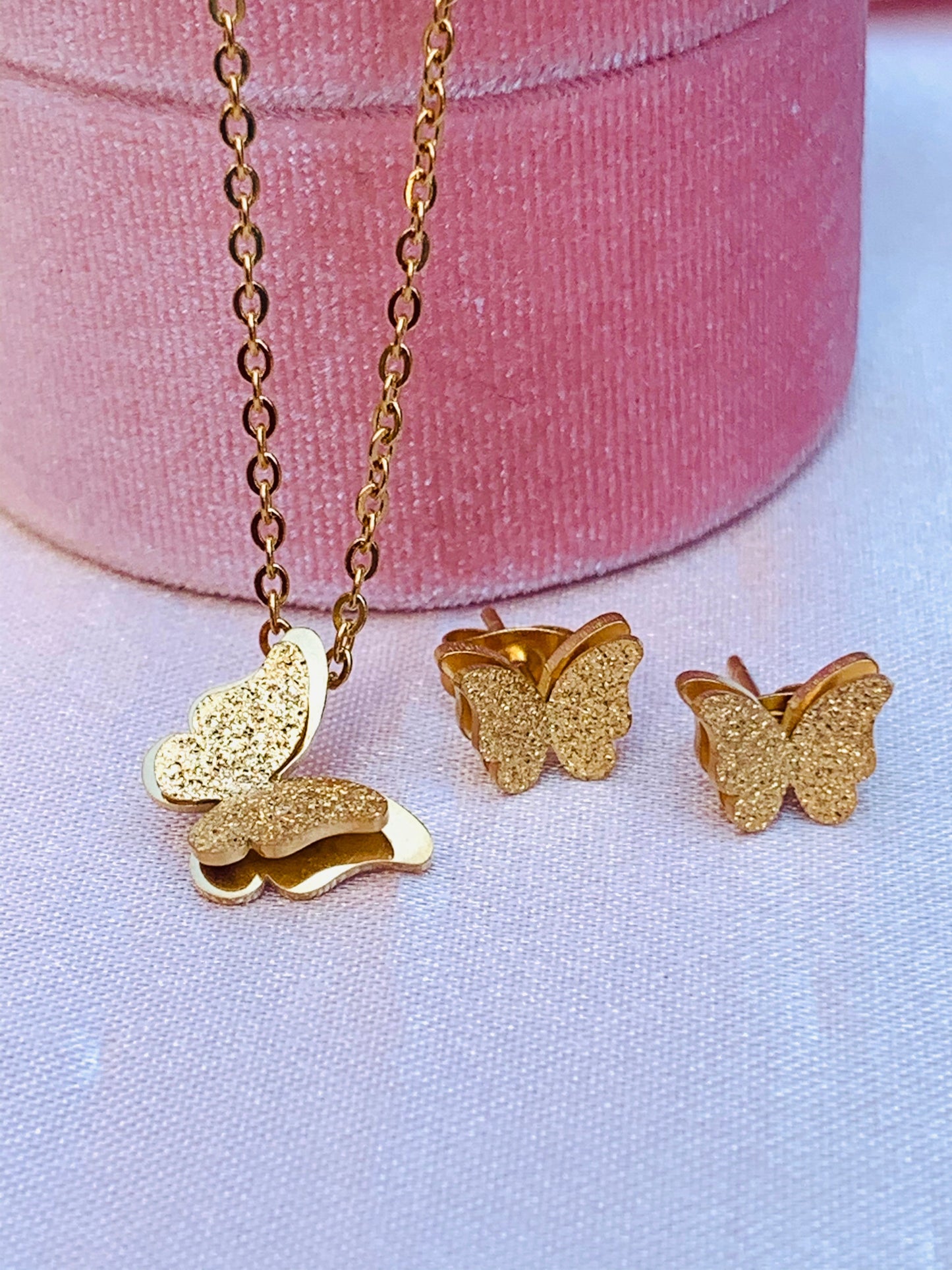 Abigail Frosted Double-layer Butterfly Necklace + Earrings